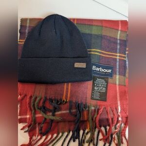 Barbour Dark Blue Beanie and Red Tartan Scarf
